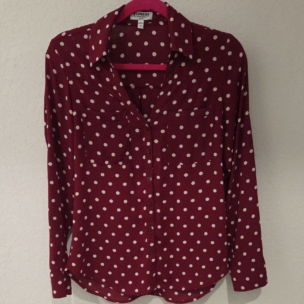 Express Women's Maroon Polka Dot Button Down Shirt